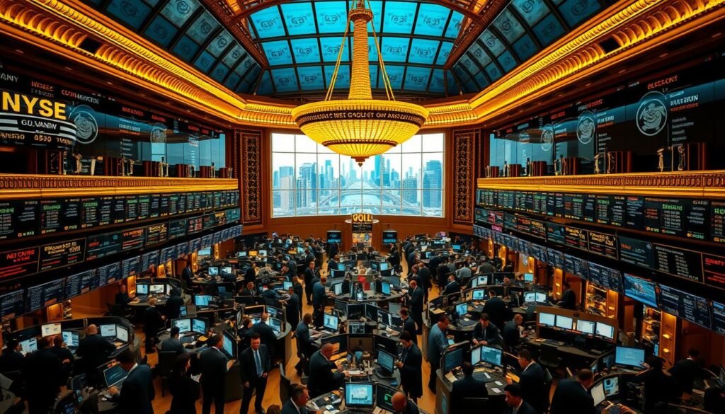 A sprawling gold trading floor, bustling with activity. In the foreground, a sea of traders, their expressions intense as they monitor stock tickers and execute lightning-fast transactions. Overhead, a golden chandelier casts a warm, amber glow, illuminating the intricate architectural details of the high-ceilinged hall. In the background, a panoramic window offers a breathtaking view of the city skyline, reflecting the gleam of the precious metal. The atmosphere is one of energy, tension, and the relentless pursuit of wealth, capturing the dynamic nature of the gold market. A sprawling gold trading floor, bustling with activity. In the foreground, a sea of traders, their expressions intense as they monitor stock tickers and execute lightning-fast transactions. Overhead, a golden chandelier casts a warm, amber glow, illuminating the intricate architectural details of the high-ceilinged hall. In the background, a panoramic window offers a breathtaking view of the city skyline, reflecting the gleam of the precious metal. The atmosphere is one of energy, tension, and the relentless pursuit of wealth, capturing the dynamic nature of the gold market.