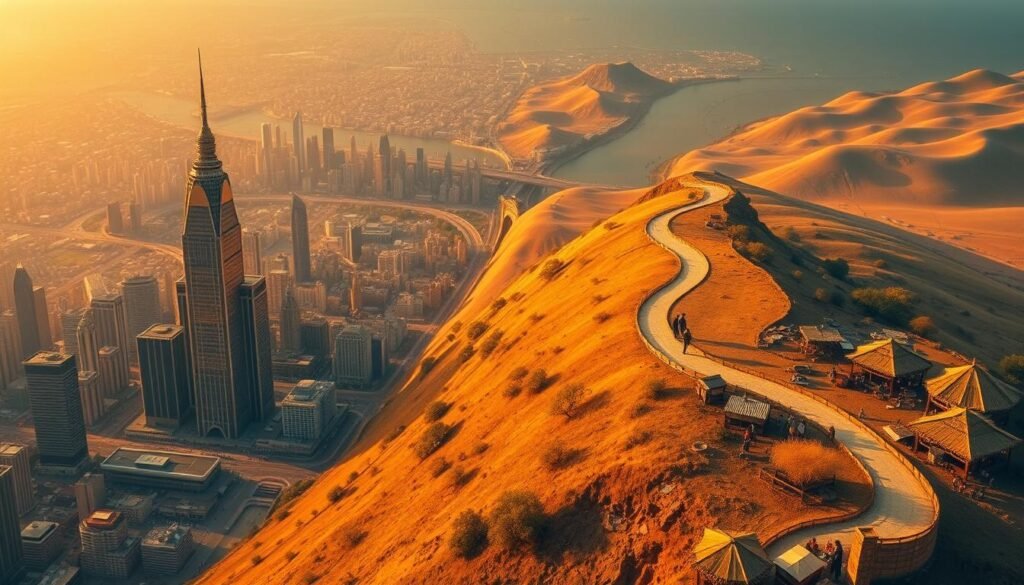 A sprawling landscape with a primary gold market on the left, represented by a bustling urban center with gleaming skyscrapers, busy streets, and crowds of people. On the right, a secondary gold market depicted as a more tranquil, rural setting, with small shops, homes, and individuals engaged in gold trading and exchange. The two markets are connected by a winding path, symbolizing the relationship between the primary and secondary markets. Soft, warm lighting illuminates the scene, creating a sense of balance and harmony between the two distinct market environments. The overall composition emphasizes the contrast and interplay between the primary and secondary gold markets.