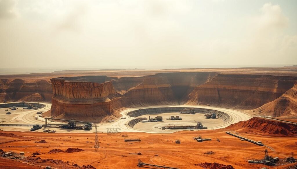 A sprawling open-pit gold mine, stark and desolate, looming over a landscape scarred by excavation and tailings. In the foreground, a barren, reddish-brown expanse of exposed earth, dotted with mining equipment and machinery. The midground reveals a towering cliff face, its layers of rock stripped away, revealing the golden ore beneath. In the distance, a hazy horizon obscured by billowing clouds of dust and fumes. The scene is bathed in a harsh, unforgiving light, casting long shadows and emphasizing the environmental devastation. The overall mood is one of industrial decay and the heavy price paid for the extraction of this precious metal. A sprawling open-pit gold mine, stark and desolate, looming over a landscape scarred by excavation and tailings. In the foreground, a barren, reddish-brown expanse of exposed earth, dotted with mining equipment and machinery. The midground reveals a towering cliff face, its layers of rock stripped away, revealing the golden ore beneath. In the distance, a hazy horizon obscured by billowing clouds of dust and fumes. The scene is bathed in a harsh, unforgiving light, casting long shadows and emphasizing the environmental devastation. The overall mood is one of industrial decay and the heavy price paid for the extraction of this precious metal.