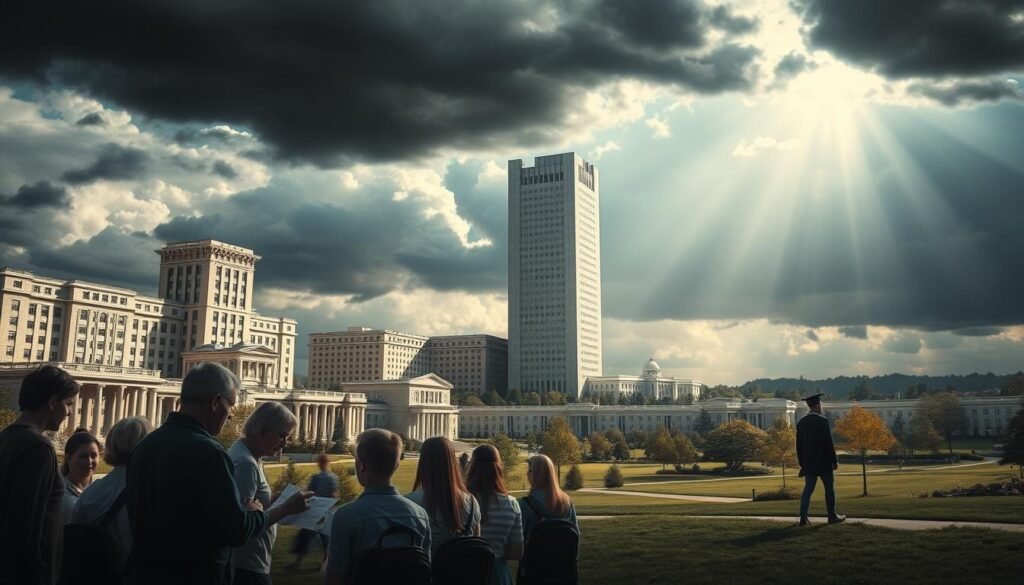 A sprawling university campus set against a dramatic sky, with towering ivory-clad buildings representing the soaring costs of higher education. In the foreground, a group of concerned parents and students huddle together, poring over financial documents and tuition bills, their expressions conveying the weight of the escalating financial burden. The middle ground is dominated by a towering, imposing fee structure, its numbers climbing ever higher, casting a shadow over the scene. In the distance, a lone graduate walks away, diploma in hand, facing an uncertain future weighed down by the heavy cost of their education. The lighting is somber, with rays of sunlight piercing through ominous clouds, suggesting the growing anxiety and uncertainty surrounding the affordability of college. A sprawling university campus set against a dramatic sky, with towering ivory-clad buildings representing the soaring costs of higher education. In the foreground, a group of concerned parents and students huddle together, poring over financial documents and tuition bills, their expressions conveying the weight of the escalating financial burden. The middle ground is dominated by a towering, imposing fee structure, its numbers climbing ever higher, casting a shadow over the scene. In the distance, a lone graduate walks away, diploma in hand, facing an uncertain future weighed down by the heavy cost of their education. The lighting is somber, with rays of sunlight piercing through ominous clouds, suggesting the growing anxiety and uncertainty surrounding the affordability of college.