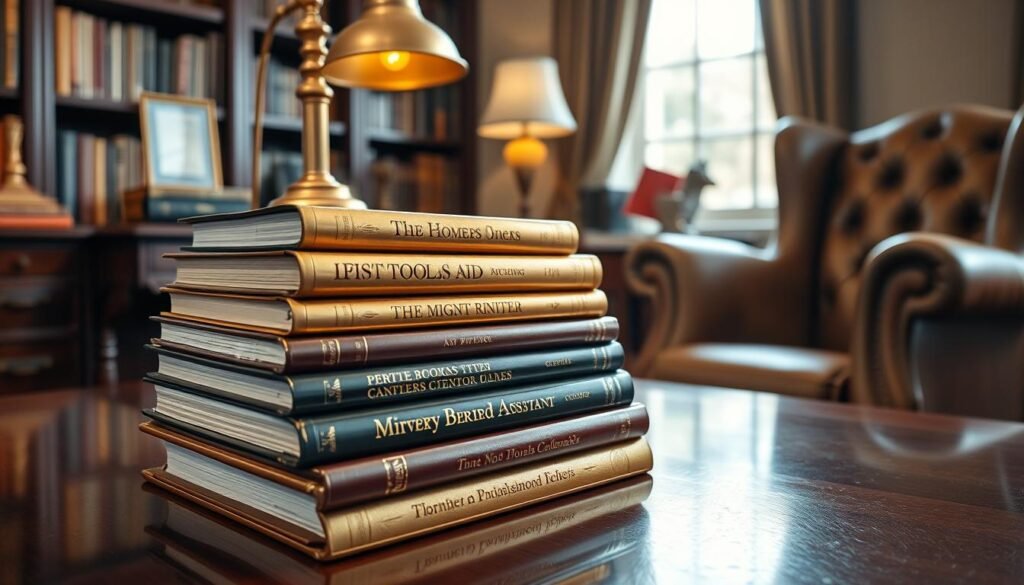 A stack of gilded, leather-bound investment books rests on a polished mahogany table, their spines gleaming in the soft, warm light of a brass desk lamp. The books are arranged in a visually appealing manner, with the titles and authors clearly visible. The scene is set against a backdrop of a cozy, traditional home office, with bookshelves lining the walls and a plush, tufted armchair nearby, creating a sense of sophistication and intellectual rigor. The overall atmosphere evokes a feeling of expertise, knowledge, and the pursuit of financial wisdom.