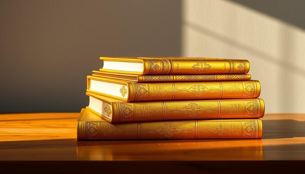 A stack of gleaming hardcover books in rich shades of gold, their covers adorned with intricate patterns and embossed lettering. The books sit atop a polished wooden surface, bathed in warm, natural lighting that casts soft shadows and highlights the luxurious materials. In the background, a minimalist gray wall provides a clean, uncluttered backdrop, allowing the books to take center stage. The overall composition conveys a sense of authority, sophistication, and the timeless allure of gold investment. A stack of gleaming hardcover books in rich shades of gold, their covers adorned with intricate patterns and embossed lettering. The books sit atop a polished wooden surface, bathed in warm, natural lighting that casts soft shadows and highlights the luxurious materials. In the background, a minimalist gray wall provides a clean, uncluttered backdrop, allowing the books to take center stage. The overall composition conveys a sense of authority, sophistication, and the timeless allure of gold investment.