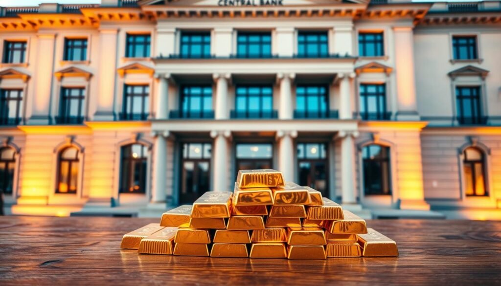 A stately European Central Bank building, its neoclassical facade bathed in warm evening light. In the foreground, a polished wooden table displays a gleaming pile of gold bars, each one meticulously crafted. The scene is captured from a low angle, emphasizing the grandeur and authority of the institution. The background is softly blurred, drawing the viewer's focus to the central golden display, a symbol of the bank's financial strength and stability. The overall atmosphere is one of understated elegance and confidence, reflecting the transition of European central banks from net sellers to steadfast holders of gold reserves.