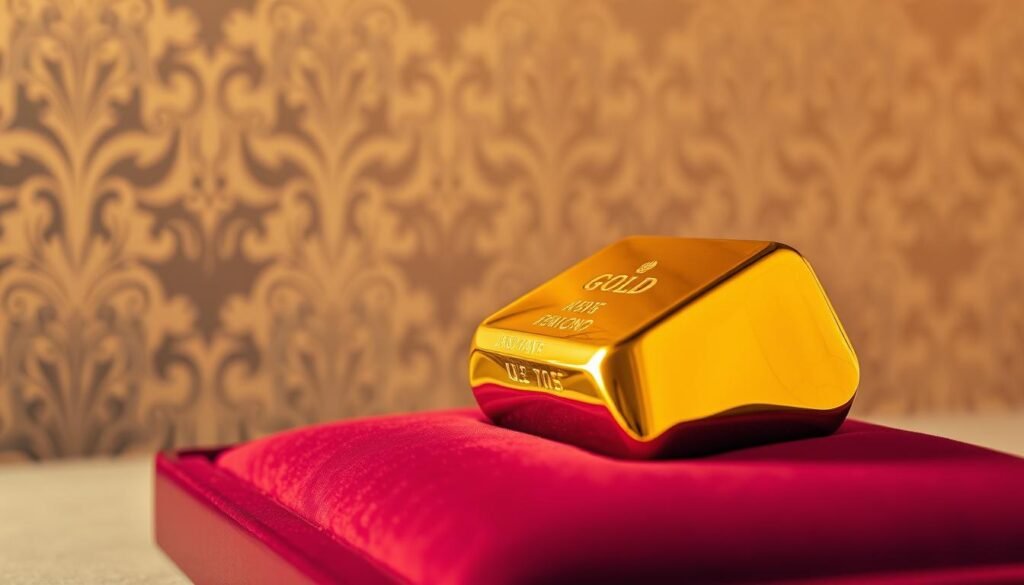 A stately golden ingot rests on a velvet-lined display, radiating an aura of wealth and prestige. The ingot's surface gleams under warm, directional lighting, casting intricate reflections that dance across its faceted form. In the background, a patterned wallpaper in muted metallic tones provides a sophisticated backdrop, while a shallow depth of field isolates the ingot as the central focus. The overall composition conveys a sense of exclusivity, security, and the importance of insuring one's precious gold holdings.