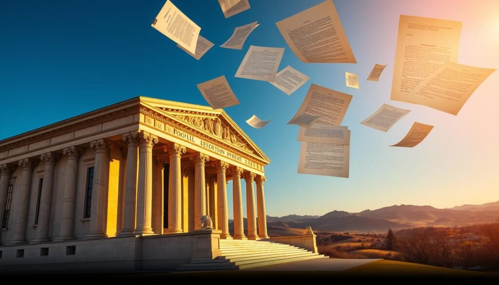 A stately marble building stands in the foreground, its grand columns and intricate facade bathed in warm, golden light. Detailed regulatory documents and legal texts float in the air around it, casting intricate shadows across the scene. In the background, a majestic landscape of rolling hills and a clear, blue sky evokes a sense of stability and authority. The overall atmosphere conveys the seriousness and importance of the gold investment regulatory framework in the United States.