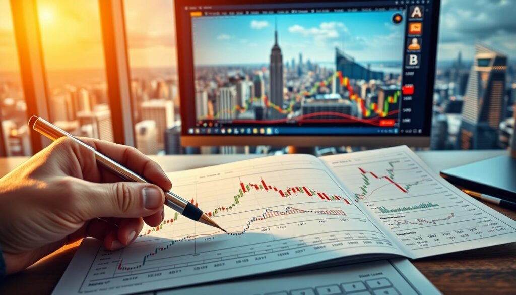 A stock chart of gold prices against a backdrop of a financial trading desk. In the foreground, a hand holding a pen hovers over a trading analysis worksheet, filled with technical indicators like candlestick patterns, Fibonacci retracements, and moving averages. The middle ground features a computer monitor displaying real-time gold price data and technical analysis tools. In the background, a panoramic window overlooks a bustling city skyline, hinting at the global nature of the gold market. Warm lighting casts a professional, serious tone, emphasizing the role of technical analysis in informing gold trading decisions. A stock chart of gold prices against a backdrop of a financial trading desk. In the foreground, a hand holding a pen hovers over a trading analysis worksheet, filled with technical indicators like candlestick patterns, Fibonacci retracements, and moving averages. The middle ground features a computer monitor displaying real-time gold price data and technical analysis tools. In the background, a panoramic window overlooks a bustling city skyline, hinting at the global nature of the gold market. Warm lighting casts a professional, serious tone, emphasizing the role of technical analysis in informing gold trading decisions.
