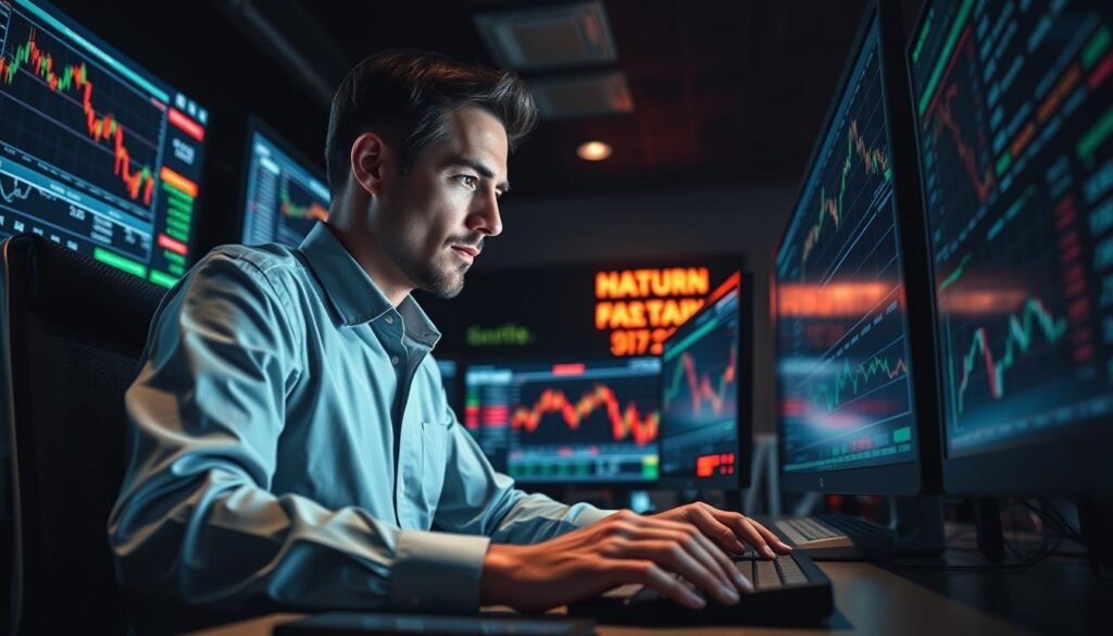 A stock trader sitting at a desk, surrounded by computer screens displaying financial data and charts. Intense focus on their face as they analyze the markets, their fingers tapping the keyboard. The background is dimly lit, creating a sense of concentration and determination. The scene is rendered in a realistic, cinematic style with attention to detail, using a wide-angle lens to capture the intensity of the moment. The lighting casts dramatic shadows, adding depth and drama to the composition. The overall atmosphere evokes the psychological tension and pressure of futures trading.