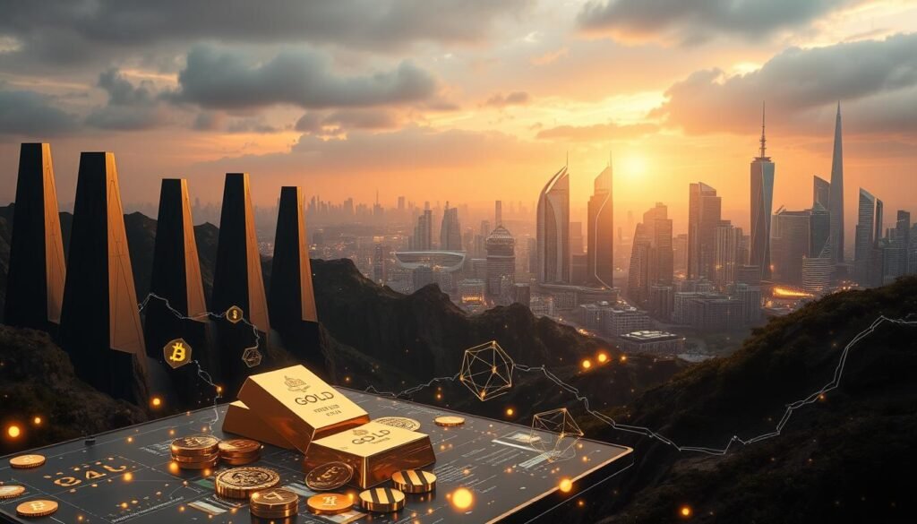 A striking digital landscape depicting the emerging regulatory frameworks surrounding "digital gold". In the foreground, a holographic representation of gold bars and cryptocurrency symbols shimmer against a backdrop of towering, geometric structures in muted metallic tones. The middle ground features a dynamic interplay of data streams, regulatory icons, and blockchain-inspired motifs, hinting at the complexity of this evolving landscape. In the distance, a skyline of sleek, futuristic cityscapes is illuminated by a warm, diffused light, symbolizing the integration of digital assets into the modern financial ecosystem. The overall composition conveys a sense of innovation, technological progress, and the need for balanced, forward-thinking regulation in the digital gold market.