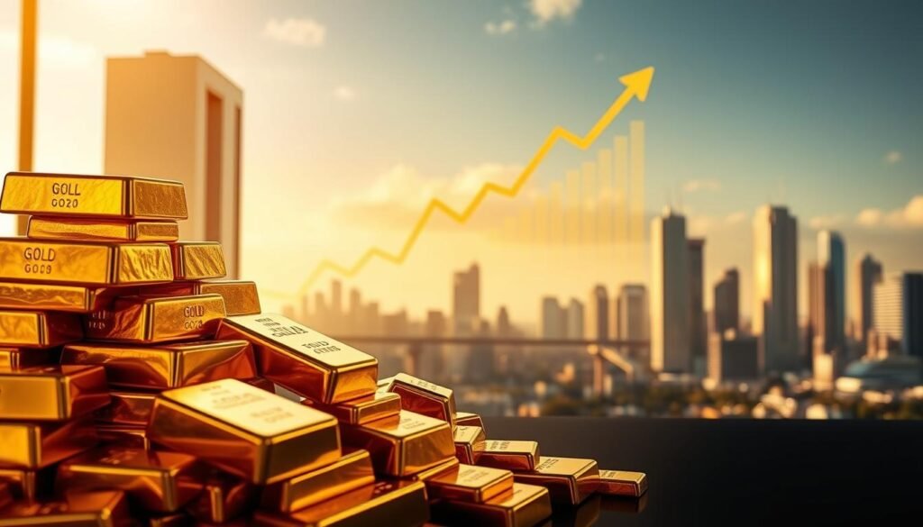 A striking image of rising gold investment trends. In the foreground, a shimmering pile of gold bars, meticulously crafted and gleaming under warm, directional lighting. In the middle ground, a financial chart showing the steady upward climb of gold prices over time, set against a sleek, modern backdrop. In the distant background, a cityscape of towering skyscrapers, symbolizing the growing economic influence and appeal of gold as a secure investment. The overall mood is one of prosperity, stability, and the allure of tangible wealth in an uncertain world.