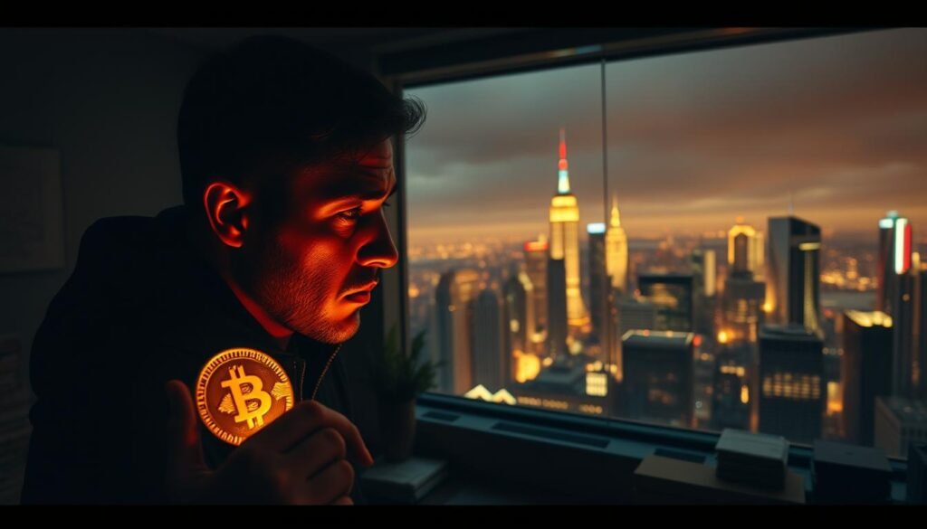 A striking scene of a gold investor's captivating behavior, captured in a cinematic wide-angle shot. In the foreground, a lone figure stands transfixed, their gaze fixed on a glimmering gold coin, its warm reflections dancing across their face. The middle ground reveals a dimly lit office, where stacks of financial documents and charts surround the investor, hinting at the complex world of gold trading. The background opens up to a panoramic view of a bustling city skyline, its towering skyscrapers and neon lights symbolizing the allure and power of wealth. Soft, dramatic lighting casts dramatic shadows, creating a palpable sense of anticipation and the irresistible pull of the precious metal.