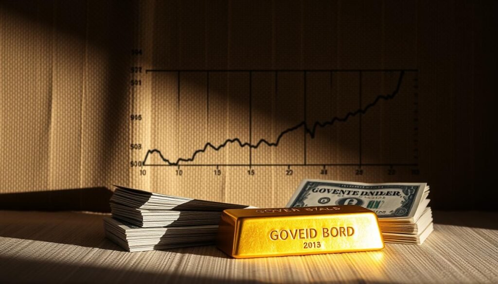 A striking visual contrast between gold bullion and government bonds, symbolizing the debate over inflation protection. In the foreground, a gleaming gold bar rests atop a stack of government bond certificates, casting a warm glow. In the middle ground, a shadowy chart depicts the historical performance of the two assets. The background features a textured, neutral-toned canvas, lending an authoritative, financial feel. Dramatic lighting from the side casts dramatic shadows, emphasizing the heft and substance of the gold and bonds. The overall composition conveys the weight of the investment decision, inviting the viewer to consider the merits of each asset class in a risk-off portfolio. A striking visual contrast between gold bullion and government bonds, symbolizing the debate over inflation protection. In the foreground, a gleaming gold bar rests atop a stack of government bond certificates, casting a warm glow. In the middle ground, a shadowy chart depicts the historical performance of the two assets. The background features a textured, neutral-toned canvas, lending an authoritative, financial feel. Dramatic lighting from the side casts dramatic shadows, emphasizing the heft and substance of the gold and bonds. The overall composition conveys the weight of the investment decision, inviting the viewer to consider the merits of each asset class in a risk-off portfolio.