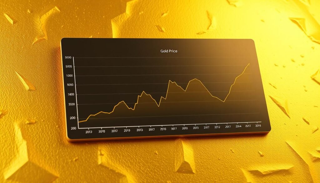 A stunning 3D visualization of a gold price tracking chart, depicted against a backdrop of a richly textured golden surface. The chart is presented in a sleek, minimalist style, with clean lines and subtle gradients that convey a sense of precision and clarity. The lighting is soft and diffused, creating a warm, inviting atmosphere that evokes the timeless allure of gold. The camera angle is slightly elevated, offering a bird's-eye view that gives the impression of a comprehensive, data-driven analysis. The overall composition is both visually captivating and informative, effectively illustrating the importance of tracking daily gold prices.