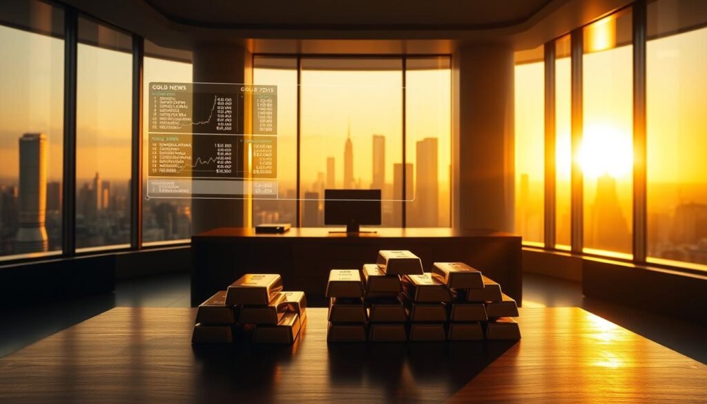 A stunning, cinematic image of gold news. In the foreground, a stack of gold bullion bars glimmers under warm, dramatic lighting, casting long shadows across the scene. In the middle ground, a holographic display shows live stock tickers and financial data, hovering above a polished mahogany desk. The background is a sleek, minimalist office interior with floor-to-ceiling windows, revealing a cityscape of towering skyscrapers in the distance, bathed in the golden glow of the setting sun. The overall mood is one of wealth, power, and the importance of staying informed on the global gold market.