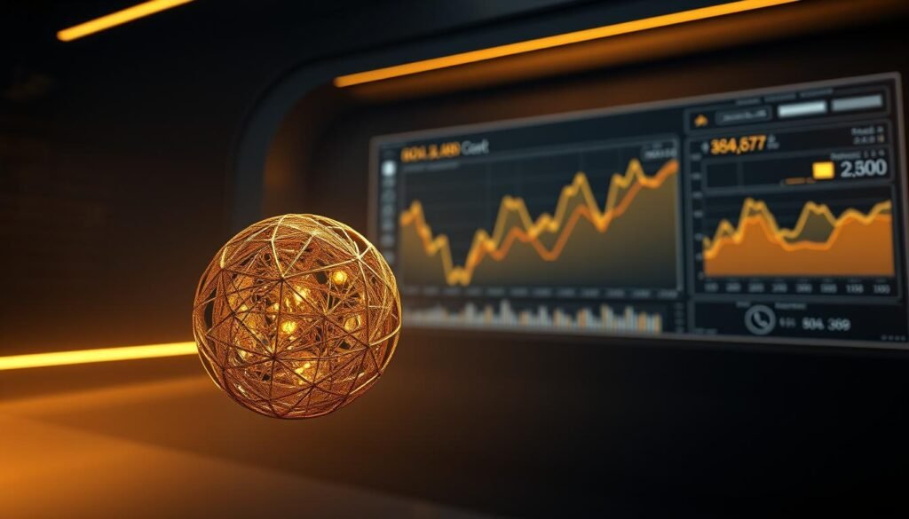 A stunning, cinematic rendering of gold simulations in a sophisticated investment portfolio. In the foreground, a meticulously crafted golden sphere hovers, its surface shimmering with intricate fractal patterns. In the middle ground, a sleek, minimalist display presents dynamic charts and graphs, visualizing the complex interplay of asset performance. The background is a serene, dimly lit environment, with a soft, warm glow emanating from unseen sources, creating a sense of depth and mystery. The lighting is subtle and dramatic, accentuating the luxurious, high-tech aesthetic. Captured with a wide-angle lens, the composition invites the viewer to immerse themselves in the captivating world of gold's unique role in investment portfolios. A stunning, cinematic rendering of gold simulations in a sophisticated investment portfolio. In the foreground, a meticulously crafted golden sphere hovers, its surface shimmering with intricate fractal patterns. In the middle ground, a sleek, minimalist display presents dynamic charts and graphs, visualizing the complex interplay of asset performance. The background is a serene, dimly lit environment, with a soft, warm glow emanating from unseen sources, creating a sense of depth and mystery. The lighting is subtle and dramatic, accentuating the luxurious, high-tech aesthetic. Captured with a wide-angle lens, the composition invites the viewer to immerse themselves in the captivating world of gold's unique role in investment portfolios.