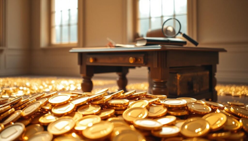 A stunning golden landscape bathed in warm, soft lighting. In the foreground, a gleaming pile of gold coins and bars, their surfaces shimmering with a captivating allure. In the middle ground, a stately oak desk with a leather-bound book and a magnifying glass, hinting at the careful analysis and research that goes into gold investment. The background is a serene, minimalist space, with large windows allowing natural light to flood the scene, creating a sense of tranquility and timeless elegance. The overall atmosphere conveys the weight, permanence, and trusted value that experienced investors find in precious metals. A stunning golden landscape bathed in warm, soft lighting. In the foreground, a gleaming pile of gold coins and bars, their surfaces shimmering with a captivating allure. In the middle ground, a stately oak desk with a leather-bound book and a magnifying glass, hinting at the careful analysis and research that goes into gold investment. The background is a serene, minimalist space, with large windows allowing natural light to flood the scene, creating a sense of tranquility and timeless elegance. The overall atmosphere conveys the weight, permanence, and trusted value that experienced investors find in precious metals.