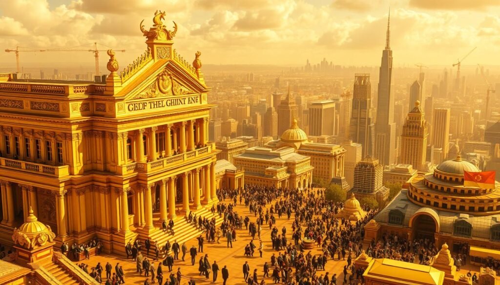 A stunning golden landscape depicting the historical development of the secondary gold market. In the foreground, a grand architectural structure, resembling a prestigious trading exchange, stands tall and proud, its facades shimmering with intricate golden details. In the middle ground, bustling crowds of traders and investors engage in lively transactions, their expressions filled with concentration and anticipation. The background showcases a panoramic view of a thriving city, its skyline dotted with towering skyscrapers and cranes, symbolizing the growth and dynamism of the secondary gold market. The scene is bathed in warm, golden hues, creating an atmosphere of prosperity and financial sophistication.