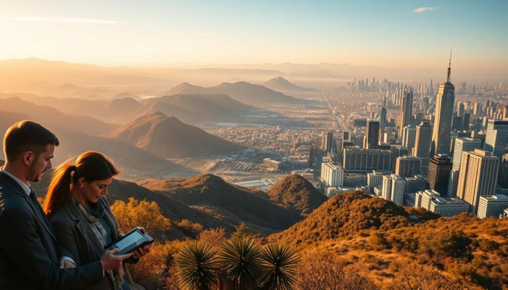 A stunning landscape of mountains and valleys bathed in a warm, golden glow. In the foreground, a group of investors intently examining a tablet, their expressions reflecting the gravity of the financial decisions they are making. The middle ground features a mosaic of stock charts, candlesticks, and graphs, all shimmering with a metallic sheen. In the background, a sprawling city skyline, its skyscrapers adorned with gleaming gold accents, symbolizing the prosperity that gold investment can bring. The overall scene conveys a sense of wealth, stability, and the timeless allure of the precious metal as a safe haven in times of uncertainty.