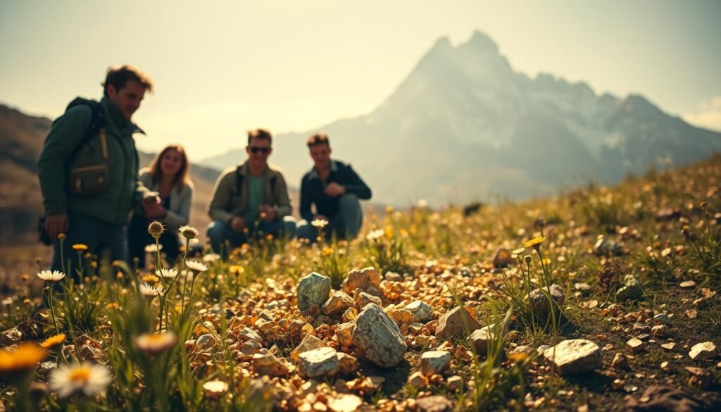 A sun-dappled meadow, dotted with golden nuggets and glittering specks of pyrite. In the foreground, a startup team examines the precious finds with awe, their faces aglow with the promise of untapped riches. Towering mountains loom in the background, their peaks capped with snow, hinting at the untold wealth buried deep within. The scene is captured through the lens of a vintage camera, its warm tones and soft focus evoking a sense of timeless discovery. A gentle breeze ruffles the wildflowers, as if nature itself is inviting these intrepid investors to uncover the true value hidden beneath the earth's surface.