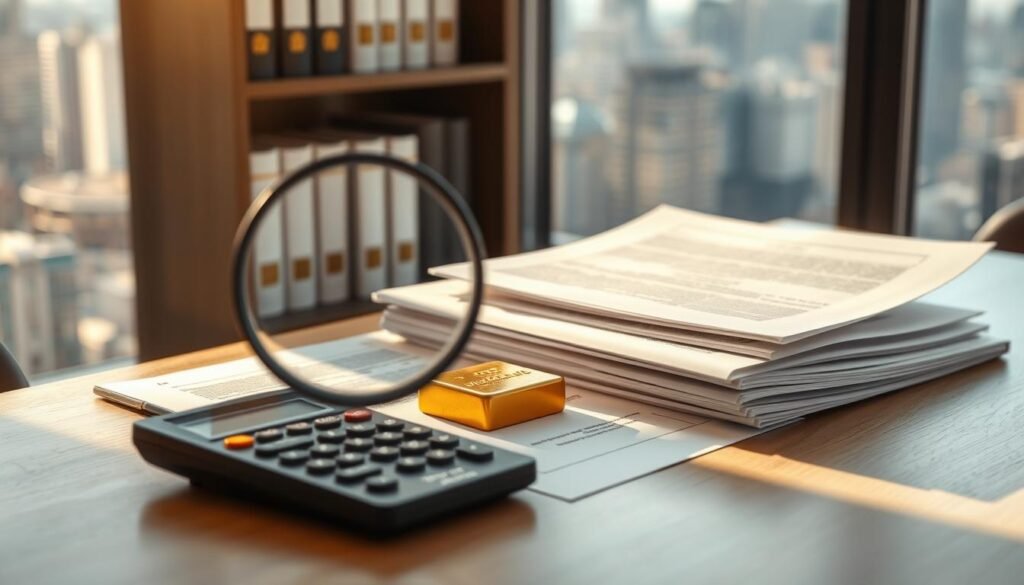 A sunlit office desk with a stack of legal documents, a gold bullion, and a calculator. In the middle ground, a magnifying glass hovers over the forms, highlighting their intricate details. The background features a bookshelf with financial volumes, and a window overlooking a bustling city skyline. The lighting is soft and warm, creating a sense of professionalism and thoughtful decision-making. The overall mood is one of careful consideration and the weight of responsible gold investment.