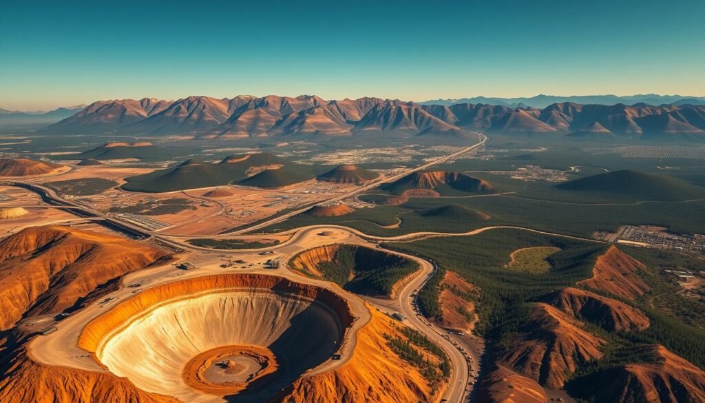 A sweeping aerial view of the global gold mining industry, captured with a wide-angle lens. In the foreground, massive open-pit mines stretch across rugged, sun-drenched landscapes, their heavy machinery and extraction operations visible. In the middle ground, winding roads connect these mining hubs, flanked by dense forests and sprawling settlements. The background is dominated by a series of majestic mountain ranges, their peaks glowing in the warm, golden light of the setting sun, creating a sense of grandeur and natural wealth. The scene conveys the scale, complexity, and environmental impact of the global gold mining industry, hinting at the challenges and opportunities that lie ahead for this essential economic sector. A sweeping aerial view of the global gold mining industry, captured with a wide-angle lens. In the foreground, massive open-pit mines stretch across rugged, sun-drenched landscapes, their heavy machinery and extraction operations visible. In the middle ground, winding roads connect these mining hubs, flanked by dense forests and sprawling settlements. The background is dominated by a series of majestic mountain ranges, their peaks glowing in the warm, golden light of the setting sun, creating a sense of grandeur and natural wealth. The scene conveys the scale, complexity, and environmental impact of the global gold mining industry, hinting at the challenges and opportunities that lie ahead for this essential economic sector.