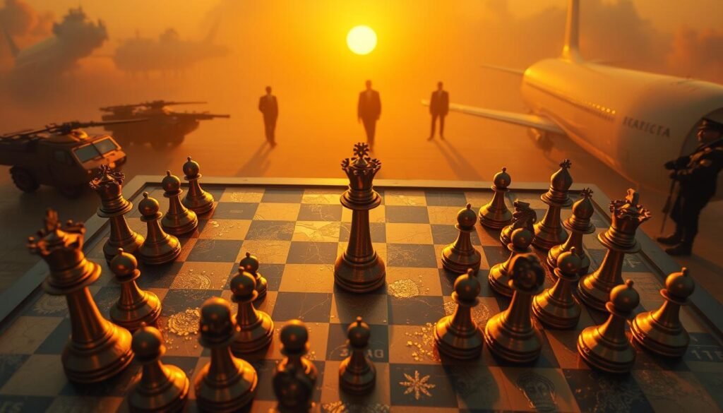 A sweeping bird's-eye view of a global chessboard, with gleaming gold bullion pieces representing the pawns and rooks of geopolitical power. The scene is bathed in a warm, amber glow, as if illuminated by the rising sun of a new era. Faint shadows of military hardware and political figures loom in the background, hinting at the high-stakes game being played out on the world stage. The composition is crisp and cinematic, drawing the viewer's gaze towards the glittering gold, the centerpiece of this intricate geopolitical dance. A sweeping bird's-eye view of a global chessboard, with gleaming gold bullion pieces representing the pawns and rooks of geopolitical power. The scene is bathed in a warm, amber glow, as if illuminated by the rising sun of a new era. Faint shadows of military hardware and political figures loom in the background, hinting at the high-stakes game being played out on the world stage. The composition is crisp and cinematic, drawing the viewer's gaze towards the glittering gold, the centerpiece of this intricate geopolitical dance.