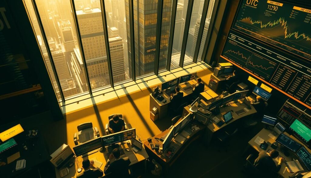 A sweeping overhead view of a bustling trading floor, desks and monitors bathed in a warm golden glow. Stockbrokers and analysts intently studying charts and graphs, tracing the ebb and flow of gold ETF investments. In the background, a towering glass-walled office overlooking the city, a beacon of financial authority. The scene is infused with a sense of high-stakes decision-making, where the fate of portfolios rests on understanding the complex mechanics of gold fund flows. Crisp lighting from large windows casts dramatic shadows, creating a sense of depth and dynamism. The atmosphere is one of focus, intensity and the weight of multimillion-dollar transactions.