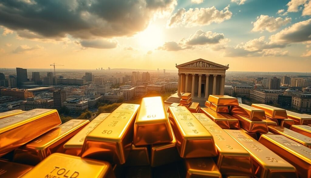 A sweeping panorama of a historic financial landscape, bathed in a warm, golden glow. In the foreground, stacks of gleaming gold bars, their reflective surfaces capturing the play of light and shadow. Behind them, a grand marble building with ionic columns, representing the solidity and timelessness of the financial institutions that have guided the rise and fall of gold as an investment asset. In the distance, a cityscape of skyscrapers and bustling activity, symbolizing the evolving nature of the global economy and the changing role of gold within it. The scene is framed by a dramatic sky, with the sun's rays breaking through clouds, casting a sense of both optimism and introspection. A timeless representation of gold's enduring allure and the historical context that has shaped its investment narrative.