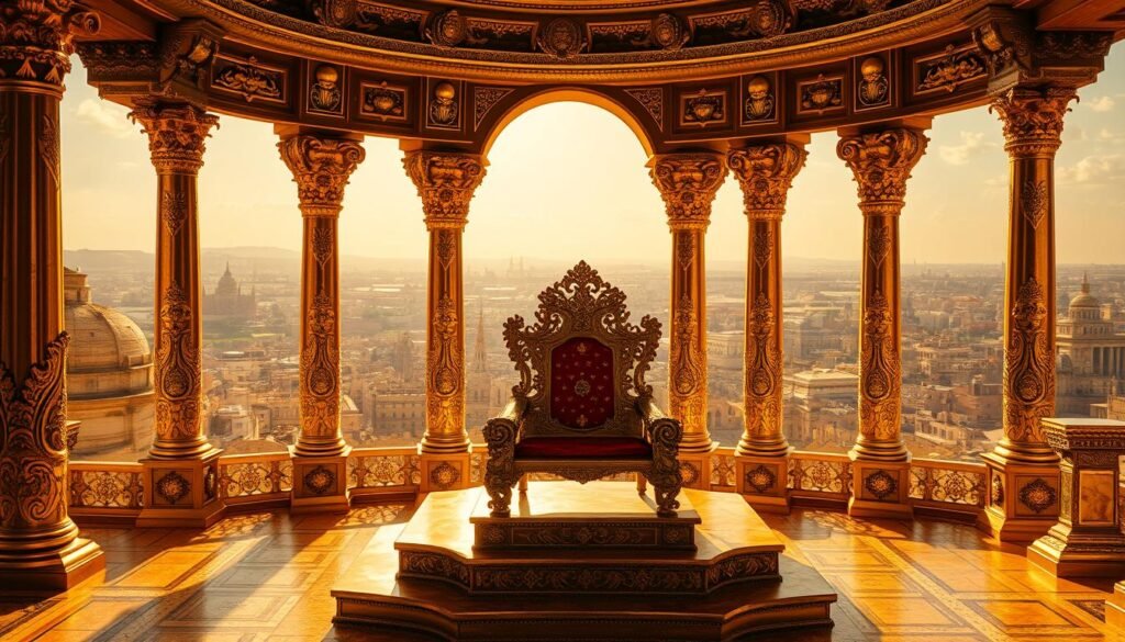 A sweeping vista of a grand, gilded throne room, bathed in warm, radiant light. In the foreground, an ornate, intricately-detailed throne sits upon a raised dais, its surfaces shimmering with the luster of pure gold. Intricate filigree and embellishments adorn the chair, conveying a sense of opulence and historical significance. The middle ground features towering, ornate columns supporting an arched ceiling, their surfaces gleaming with a golden sheen. In the background, a panoramic view of a sprawling, ancient city stretches out, its buildings and spires also clad in the warm, shimmering tones of gold, suggesting the enduring allure and power associated with this precious metal throughout history.