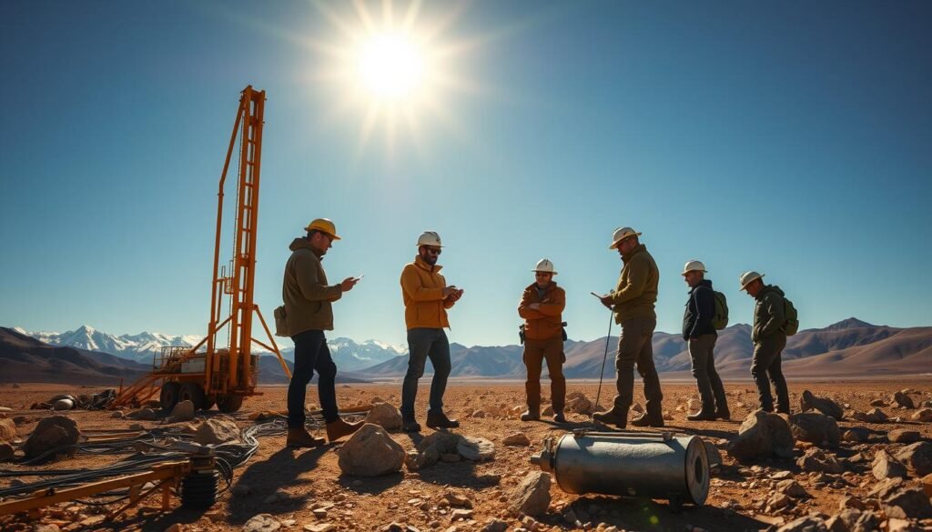 A team of geologists and prospectors standing amidst an expansive, sun-drenched landscape, examining rock samples and surveying the terrain. In the background, towering mountains and a cloudless azure sky suggest a remote, untamed wilderness. The foreground is dotted with exploration equipment, including core drilling rigs and geological survey tools, hinting at the meticulous, scientific nature of the endeavor. Warm, golden lighting illuminates the scene, evoking the precious mineral that lies hidden beneath the surface, waiting to be discovered. The overall atmosphere conveys a sense of adventure, discovery, and the relentless pursuit of untapped wealth in the earth's depths. A team of geologists and prospectors standing amidst an expansive, sun-drenched landscape, examining rock samples and surveying the terrain. In the background, towering mountains and a cloudless azure sky suggest a remote, untamed wilderness. The foreground is dotted with exploration equipment, including core drilling rigs and geological survey tools, hinting at the meticulous, scientific nature of the endeavor. Warm, golden lighting illuminates the scene, evoking the precious mineral that lies hidden beneath the surface, waiting to be discovered. The overall atmosphere conveys a sense of adventure, discovery, and the relentless pursuit of untapped wealth in the earth's depths.