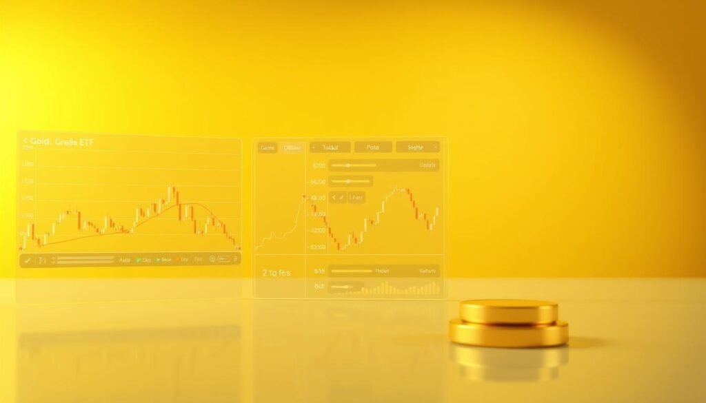 A technical analysis dashboard for a gold ETF, rendered with realistic 3D elements. In the foreground, a series of line graphs and candlestick charts display historical price movements and trading indicators. The middle ground features a sleek, minimalist user interface with toggles, sliders, and interactive data visualizations. In the background, a subtle golden gradient evokes the precious metal, complemented by reflective surfaces that create a sense of depth and sophistication. Soft, directional lighting enhances the overall aesthetic, conveying a professional, data-driven atmosphere suitable for financial analysis and decision-making. A technical analysis dashboard for a gold ETF, rendered with realistic 3D elements. In the foreground, a series of line graphs and candlestick charts display historical price movements and trading indicators. The middle ground features a sleek, minimalist user interface with toggles, sliders, and interactive data visualizations. In the background, a subtle golden gradient evokes the precious metal, complemented by reflective surfaces that create a sense of depth and sophistication. Soft, directional lighting enhances the overall aesthetic, conveying a professional, data-driven atmosphere suitable for financial analysis and decision-making.