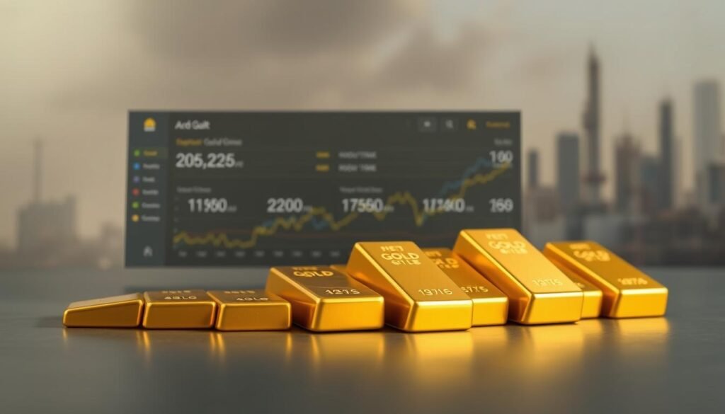A thought-provoking analysis of long-term gold price forecasts, set against a muted, metallic backdrop. In the foreground, a series of gold bars, each with a different projected price trajectory, gently undulate across the frame, conveying the ebb and flow of market predictions. The middle ground features a sleek, minimalist dashboard, with a line graph charting historical gold prices and trendlines pointing towards the future. The background is a softly blurred, industrial cityscape, hinting at the broader economic forces that shape the precious metal's valuation. Subtle lighting and a restrained color palette lend an air of gravitas, befitting the serious nature of the financial analysis. An image that captures the nuances of long-term gold price forecasts with visual elegance. A thought-provoking analysis of long-term gold price forecasts, set against a muted, metallic backdrop. In the foreground, a series of gold bars, each with a different projected price trajectory, gently undulate across the frame, conveying the ebb and flow of market predictions. The middle ground features a sleek, minimalist dashboard, with a line graph charting historical gold prices and trendlines pointing towards the future. The background is a softly blurred, industrial cityscape, hinting at the broader economic forces that shape the precious metal's valuation. Subtle lighting and a restrained color palette lend an air of gravitas, befitting the serious nature of the financial analysis. An image that captures the nuances of long-term gold price forecasts with visual elegance.
