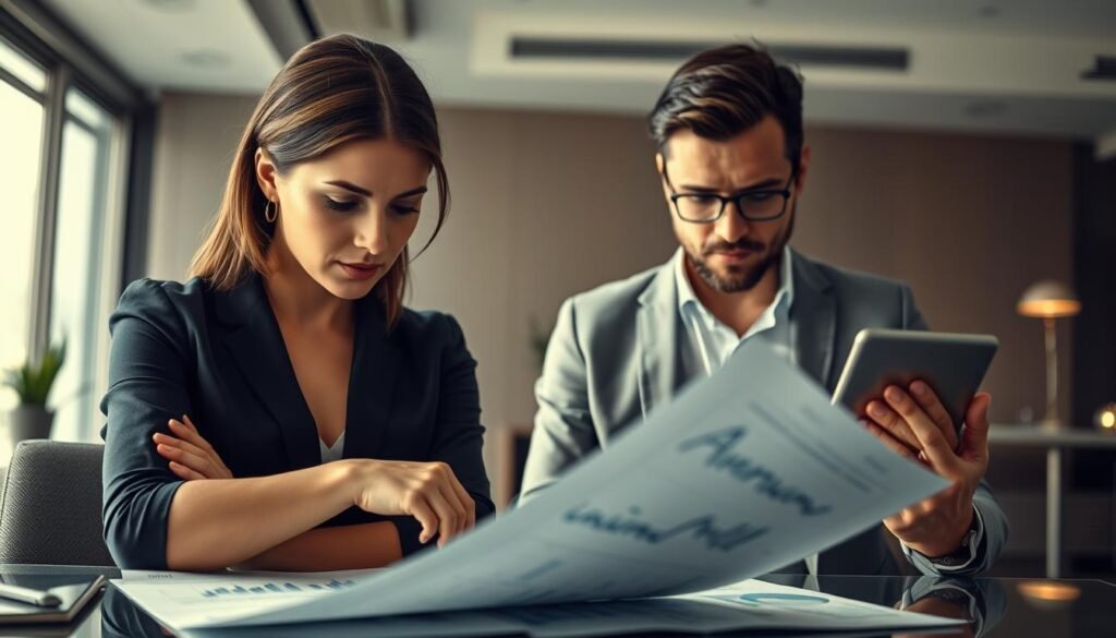 A thought-provoking scene depicting the complex interplay of gender and investment psychology. In the foreground, a woman ponders over financial charts and graphs, her expression contemplative yet determined. The middle ground features a male investor engrossed in his tablet, the contrast in their body language hinting at differing approaches to risk and decision-making. In the background, a sleek, modern office environment sets the stage, with clean lines and muted tones evoking a sense of professionalism and sophistication. Soft, directional lighting illuminates the figures, creating a sense of introspection and focus. The overall atmosphere is one of quiet contemplation, inviting the viewer to explore the nuances of gender-based investment behavior.
