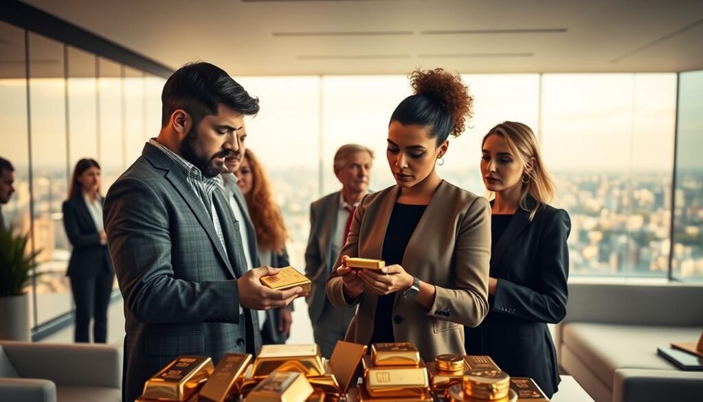 A thought-provoking scene of modern gold investment trends, captured with a cinematic flair. In the foreground, a diverse group of investors - men and women of varying ages and backgrounds - stand together, their expressions contemplative as they examine gleaming gold bars and coins. The middle ground reveals a sleek, minimalist investment office, its clean lines and modern furnishings evoking a sense of sophisticated professionalism. In the background, a panoramic cityscape stretches out, a testament to the global reach of the gold market. Soft, warm lighting illuminates the scene, creating a sense of depth and perspective. The overall mood is one of thoughtful contemplation, reflecting the shifting dynamics and gender participation in the evolving world of gold investment.