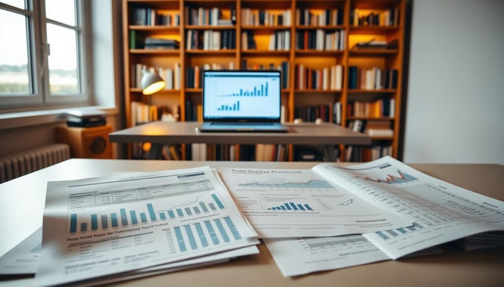A thoughtful analysis of a diversified retirement portfolio, presented against a warm, soft-lit backdrop. In the foreground, a meticulously arranged set of financial reports, retirement account statements, and investment performance charts, each item casting a subtle shadow. The middle ground features a sleek, minimalist desk, with a laptop displaying a portfolio optimization simulation. In the background, a bookshelf filled with finance and investment-related volumes, illuminated by gentle, natural lighting filtering through a large window. The overall mood is one of quiet contemplation, inviting the viewer to consider the intricacies of managing their retirement assets.