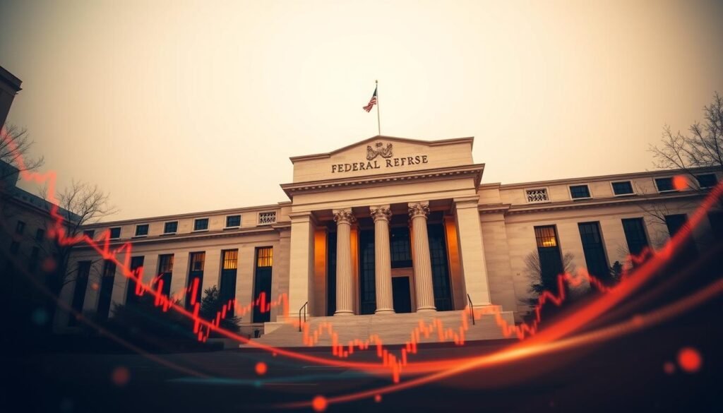 A tightly composed scene of the Federal Reserve building, captured in a dramatic low-angle view. The imposing structure dominates the frame, its neoclassical facade bathed in warm, golden light, conveying a sense of authority and gravitas. In the foreground, a swirling, abstract representation of financial data and charts, hinting at the impact of recent rate cut decisions. The background is hazy, blurring the surrounding cityscape to maintain the focus on the central subject. The overall mood is one of contemplation and significance, reflecting the weight and importance of the Federal Reserve's role in shaping the economic landscape.