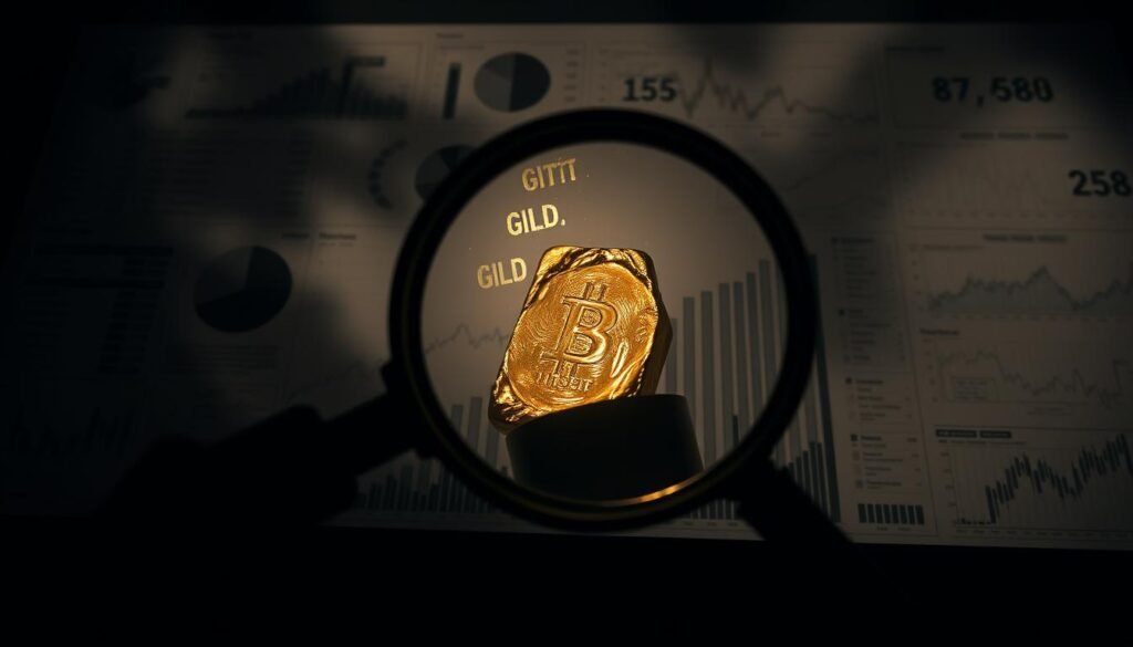 A tightly concentrated investment portfolio, dominated by a single asset class, cast in dramatic chiaroscuro lighting. In the foreground, a magnifying glass scrutinizes a glittering golden ingot, symbolizing the outsized influence of a gold-heavy allocation. The middle ground features a sprawling graph, charting the volatile performance of this concentrated position. In the hazy background, a sea of abstract financial charts and graphs, conveying the overwhelming complexity of managing concentrated risk. Shadows loom large, hinting at the potential for severe downside as market conditions shift. An unsettling, cautionary atmosphere pervades the scene, underscoring the perils of insufficient diversification.