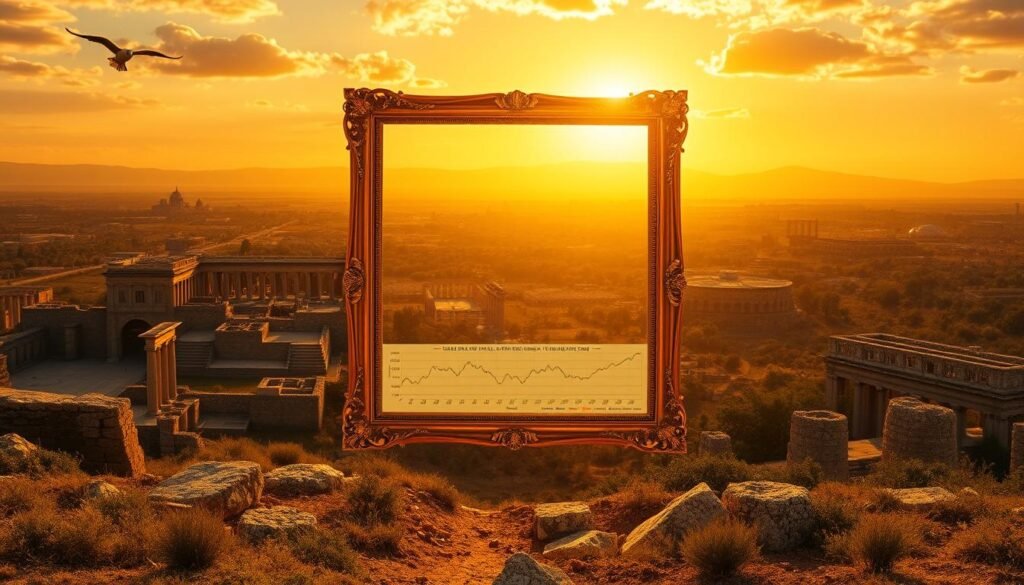 A timeless landscape of gold's enduring allure, featuring a grand, ornate golden frame in the foreground, casting a warm glow over a panoramic vista of historic gold price charts and graphs spanning centuries, set against a backdrop of ancient ruins and a vibrant, sunlit sky. The composition exudes a sense of legacy, tradition, and the lasting value of the precious metal, inviting the viewer to contemplate gold's unwavering place in the annals of human civilization.