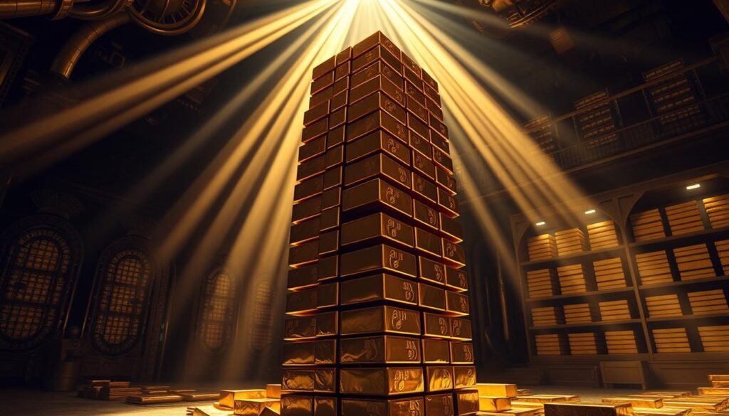 A towering stack of gold bars stands in a dimly lit, cavernous chamber. Beams of warm, directional lighting cast dramatic shadows, highlighting the gleaming, honey-hued surfaces. In the background, ornate vaults and shelves filled with more precious metal reserves loom, suggesting the immense wealth and financial power held within. The scene conveys a sense of solidity, security, and the strategic importance of gold to central banks, especially during periods of currency volatility and geopolitical uncertainty. A towering stack of gold bars stands in a dimly lit, cavernous chamber. Beams of warm, directional lighting cast dramatic shadows, highlighting the gleaming, honey-hued surfaces. In the background, ornate vaults and shelves filled with more precious metal reserves loom, suggesting the immense wealth and financial power held within. The scene conveys a sense of solidity, security, and the strategic importance of gold to central banks, especially during periods of currency volatility and geopolitical uncertainty.