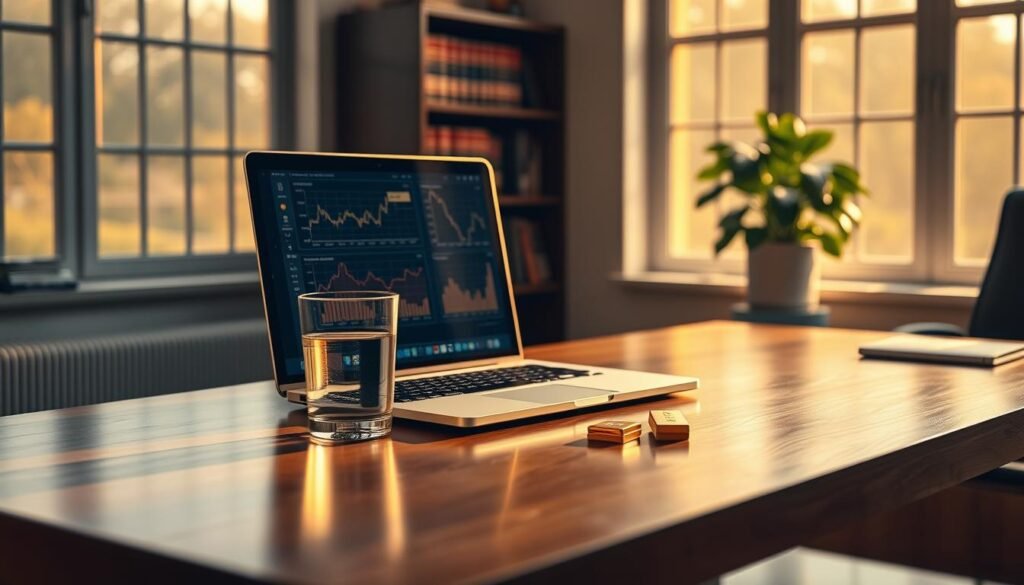 A tranquil and serene office setting, bathed in warm, golden light from large windows. On a sleek, polished wooden desk, sits a laptop displaying graphs and charts, alongside a glass of water and a gold bullion. In the background, a bookshelf filled with financial tomes and a potted plant add a touch of sophistication. The scene conveys a sense of expertise, diligence, and the careful management of a precious metal-based Individual Retirement Account (IRA), reflecting the ongoing responsibilities of this financial endeavor.