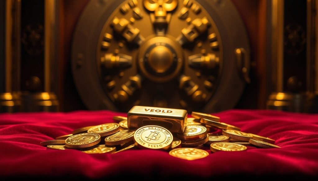 A tranquil scene of glittering gold coins and bullion bars resting on a plush, burgundy velvet surface, illuminated by warm, soft lighting that casts a gentle glow. In the background, a shadowy outline of a grand, ornate safe or vault door, symbolizing the secure and timeless nature of this precious metal. The composition emphasizes the weight, heft, and intrinsic value of the gold, conveying a sense of solidity, stability, and enduring worth, even in the most uncertain of times.