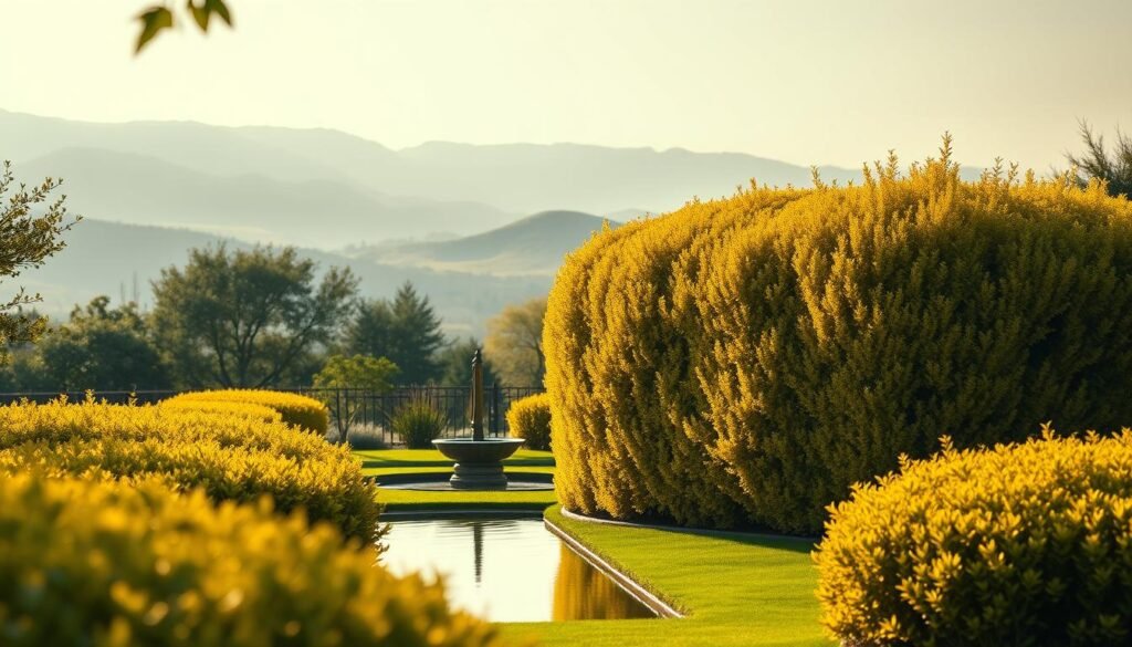 A tranquil, sun-dappled garden with a majestic golden hedge as the focal point. The hedge's lush, shimmering foliage is captured in crisp detail, illuminated by warm, softly diffused lighting that casts gentle shadows across the verdant surroundings. In the middle ground, a serene water feature reflects the hedge, creating a sense of balance and harmony. The background features a hazy, impressionistic landscape with the hint of rolling hills, conveying a timeless, picturesque ambiance. The overall scene emanates a palpable aura of wealth, stability, and enduring value, perfectly embodying the strategic significance of gold for preserving high-net-worth assets.