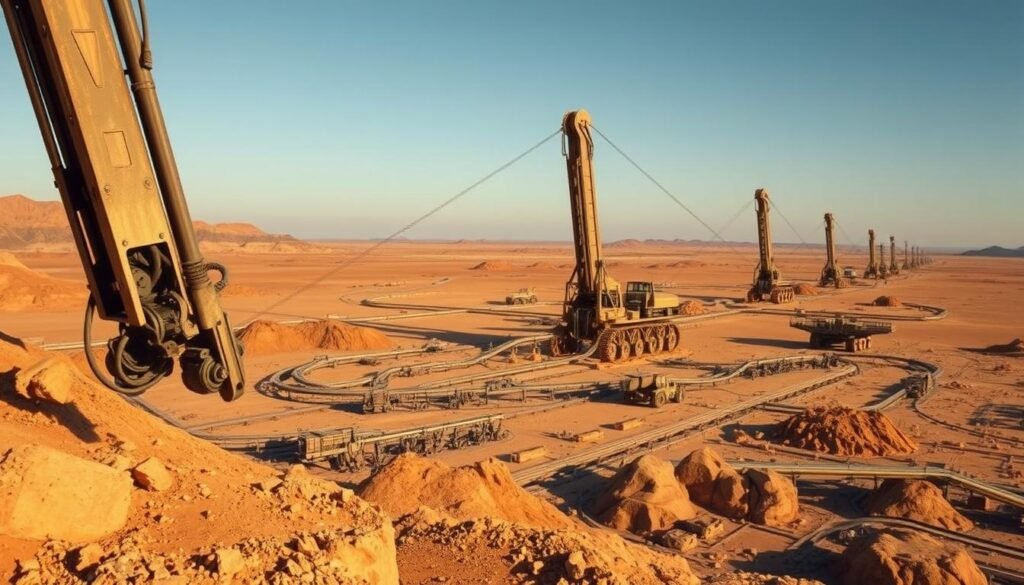 A vast, arid landscape dotted with towering robotic mining rigs, their angular forms casting long shadows across the rugged terrain. In the foreground, a massive mechanical arm, its hydraulic pistons whirring, digs deep into the earth, extracting precious ore. The midground reveals a network of conveyor belts and processing equipment, surrounded by a maze of pipes and cables. In the distance, a fleet of autonomous hauling vehicles navigates the rocky terrain, transporting the raw materials to a central processing facility. The scene is bathed in a warm, golden glow, hinting at the valuable resources buried beneath the surface. Intricate details of the robotic systems are rendered with precision, capturing the technological complexity of modern mining operations.