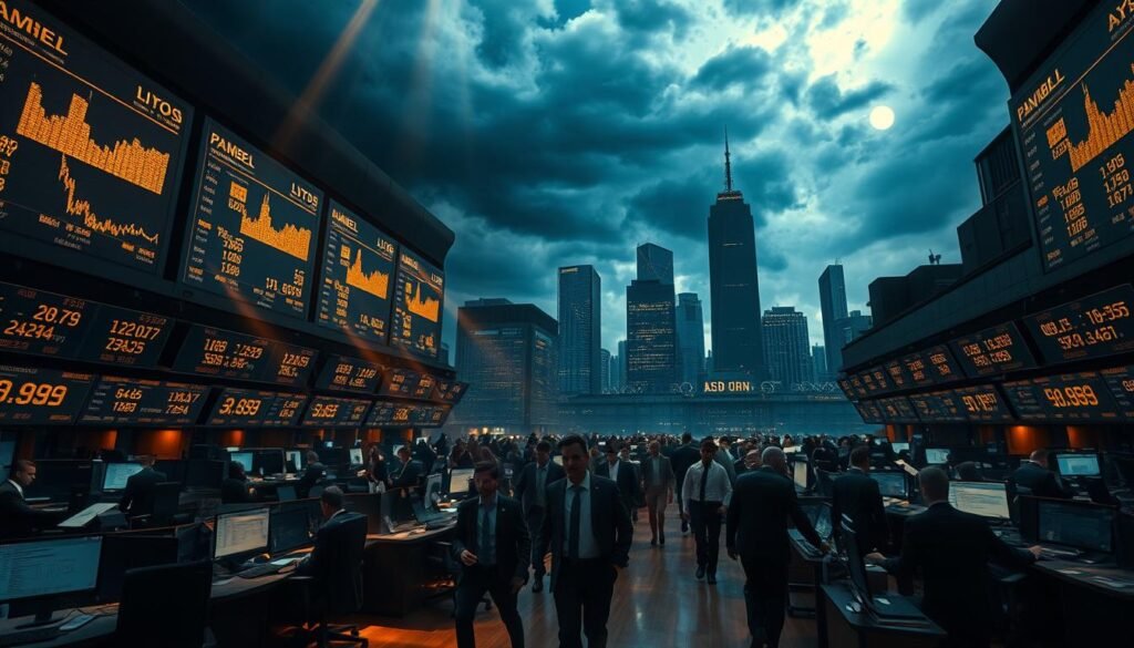 A vast, dimly lit trading floor with towering monitors displaying fluctuating gold prices. Brokers in crisp suits dart between desks, faces etched with concern as the market plummets. Shafts of warm, golden light pierce the gloom, casting long shadows across the tense scene. In the background, a skyline of skyscrapers stands silhouetted against a turbulent, storm-tinted sky - a metaphor for the economic turmoil unfolding. The overall atmosphere is one of unease and uncertainty, reflecting the historical relationship between gold prices and stock market crashes.