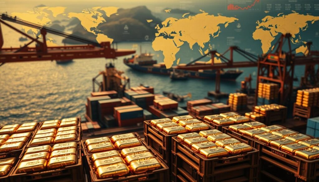 A vast global supply chain, intricate and interconnected, lies at the heart of the gold market. In the foreground, crates of gold bullion are meticulously loaded onto cargo ships, their shimmering surfaces reflecting the tense geopolitical atmosphere. The middle ground depicts key trading hubs, bustling with activity as news of regional conflicts and economic sanctions ripple through the industry. In the background, a mosaic of world maps and financial data visualizations hint at the complex web of factors that drive the price of the precious metal. Warm lighting casts a sense of urgency, while a cinematic depth of field conveys the high-stakes nature of this global resource. The entire scene evokes the delicate balance of supply and demand that makes gold a barometer of geopolitical risk.