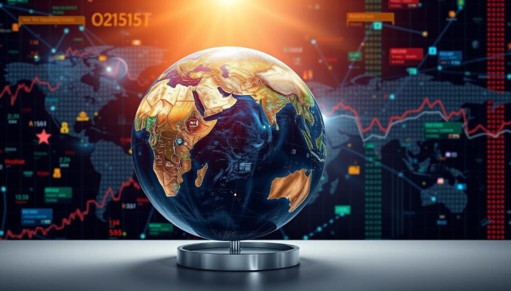 A vast globe effortlessly navigating across a backdrop of interconnected financial markets, its surface adorned with diverse icons representing precious metals and global currencies. Vibrant rays of light cast a sense of dynamism, as the planet gracefully rotates on its axis, symbolizing the interconnectedness of international diversification. In the foreground, a sleek, minimalist metal frame provides a sense of structure and stability, complementing the fluid movement of the globe. The overall composition conveys a harmonious balance between the global and the local, the fluid and the fixed, capturing the essence of diversifying one's portfolio across international borders.