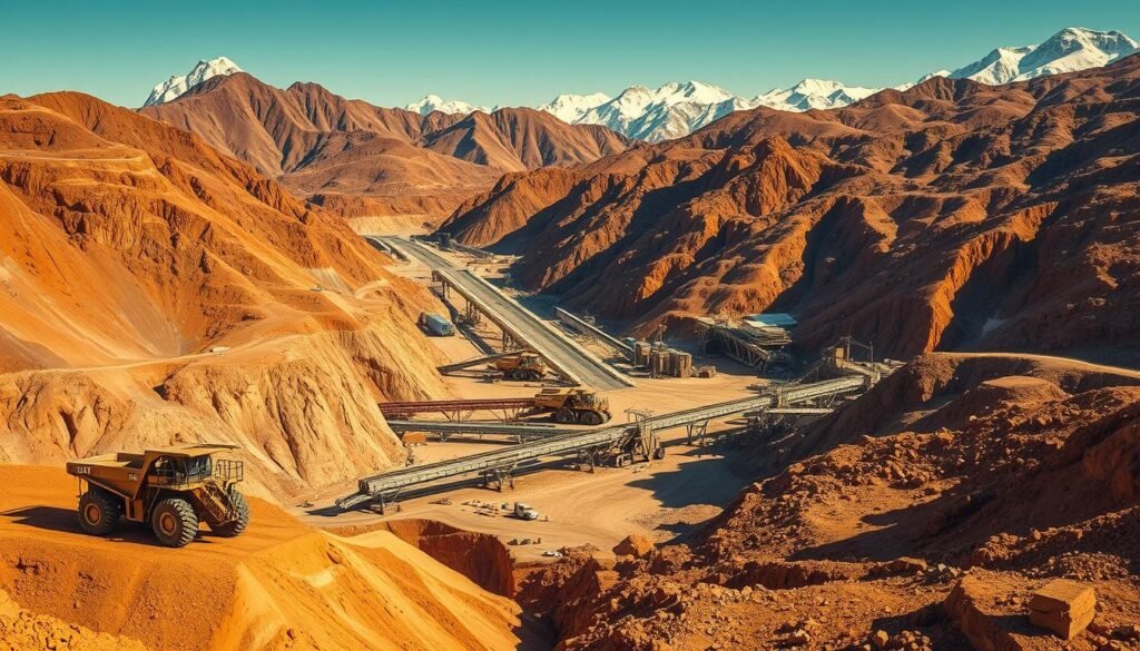 A vast, open-pit gold mine nestled in a rugged, mountainous landscape. In the foreground, massive, state-of-the-art mining excavators digging into the earth, their metallic bodies gleaming under the warm, golden sunlight. In the middle ground, conveyor belts and ore-processing facilities, their intricate machinery and pipework a testament to the industry's technological advancements. In the background, towering mountains, their peaks dusted with snow, creating a striking contrast against the arid, ochre-colored terrain. The scene exudes a sense of scale, power, and the relentless pursuit of the precious metal, capturing the essence of modern gold mining. A vast, open-pit gold mine nestled in a rugged, mountainous landscape. In the foreground, massive, state-of-the-art mining excavators digging into the earth, their metallic bodies gleaming under the warm, golden sunlight. In the middle ground, conveyor belts and ore-processing facilities, their intricate machinery and pipework a testament to the industry's technological advancements. In the background, towering mountains, their peaks dusted with snow, creating a striking contrast against the arid, ochre-colored terrain. The scene exudes a sense of scale, power, and the relentless pursuit of the precious metal, capturing the essence of modern gold mining.