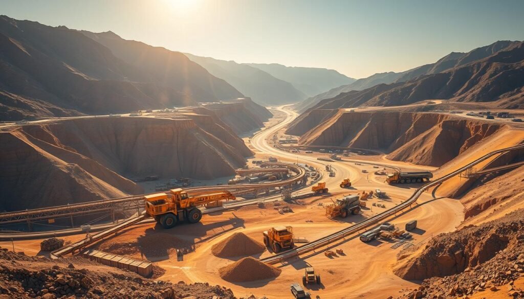 A vast open-pit mine, bathed in the warm glow of the sun. In the foreground, a massive excavator methodically scoops up tons of gold-rich ore. Surrounding it, a network of conveyor belts and processing equipment, all working in perfect harmony to extract the precious metal from the raw earth. In the middle ground, futuristic robotic arms and autonomous vehicles navigate the site, streamlining the extraction process. The background reveals towering mountains, their slopes dotted with the latest high-tech mining sensors and scanners, mapping the terrain for optimal resource extraction. The entire scene exudes a sense of technological prowess and industrial efficiency, befitting the revolutionary gold extraction methods of 2025. A vast open-pit mine, bathed in the warm glow of the sun. In the foreground, a massive excavator methodically scoops up tons of gold-rich ore. Surrounding it, a network of conveyor belts and processing equipment, all working in perfect harmony to extract the precious metal from the raw earth. In the middle ground, futuristic robotic arms and autonomous vehicles navigate the site, streamlining the extraction process. The background reveals towering mountains, their slopes dotted with the latest high-tech mining sensors and scanners, mapping the terrain for optimal resource extraction. The entire scene exudes a sense of technological prowess and industrial efficiency, befitting the revolutionary gold extraction methods of 2025.