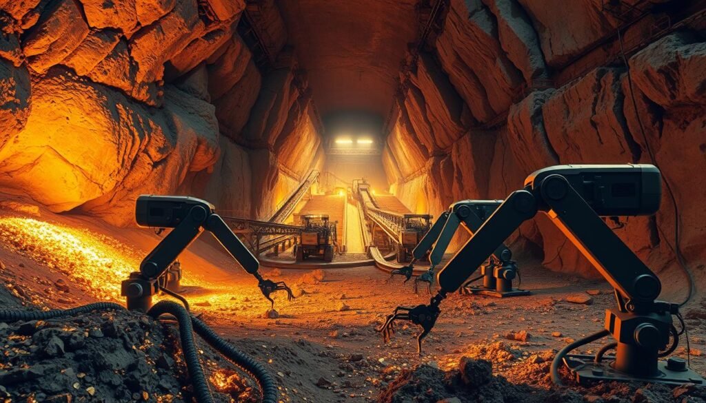 A vast subterranean chamber, illuminated by the warm glow of industrial lighting. In the foreground, a team of advanced robotic miners, their sleek metal limbs deftly maneuvering through the rock and soil, extracting glittering veins of gold. The middle ground reveals an intricate network of conveyor belts and processing equipment, efficiently sorting and refining the precious metal. In the background, towering walls of solid rock, hinting at the scale and depth of this subterranean world. The atmosphere is one of precision, efficiency, and the relentless march of technological progress, transforming the ancient art of gold mining into a cutting-edge, automated process.