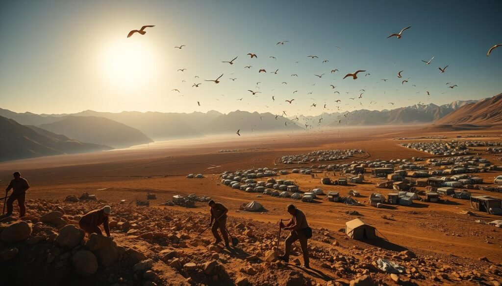 A vast, sun-drenched landscape, rugged and untamed. In the foreground, a team of gold prospectors, equipped with pickaxes and shovels, digging feverishly into the earth, their faces etched with determination. Towering mountains loom in the distance, casting long shadows over the scene. The air is thick with anticipation, as glints of golden ore catch the light, promising untold riches. The perspective shifts, revealing a sprawling network of mining camps, tents, and makeshift shelters, bustling with activity. Overhead, a flock of birds soar, a testament to the boundless nature of this new global gold rush. The scene is captured with a wide-angle lens, its cinematic quality capturing the grand scale and epic scope of this modern-day quest for the precious metal.