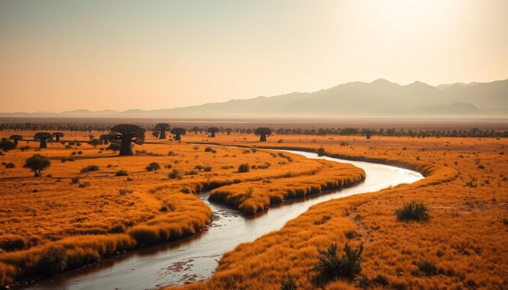 A vast, sun-drenched landscape stretches across the African savanna, a tapestry of golden grasses and towering baobab trees. In the foreground, a winding river reflects the warm glow of the sky, its banks dotted with clusters of indigenous flora. Majestic mountains rise in the distance, their peaks capped with a dusting of snow. The scene is bathed in a soft, diffused light, casting a hazy, dreamlike quality over the entire tableau. A sense of timeless, natural wonder permeates the air, inviting the viewer to bask in the raw, untamed beauty of this captivating African gold landscape. A vast, sun-drenched landscape stretches across the African savanna, a tapestry of golden grasses and towering baobab trees. In the foreground, a winding river reflects the warm glow of the sky, its banks dotted with clusters of indigenous flora. Majestic mountains rise in the distance, their peaks capped with a dusting of snow. The scene is bathed in a soft, diffused light, casting a hazy, dreamlike quality over the entire tableau. A sense of timeless, natural wonder permeates the air, inviting the viewer to bask in the raw, untamed beauty of this captivating African gold landscape.